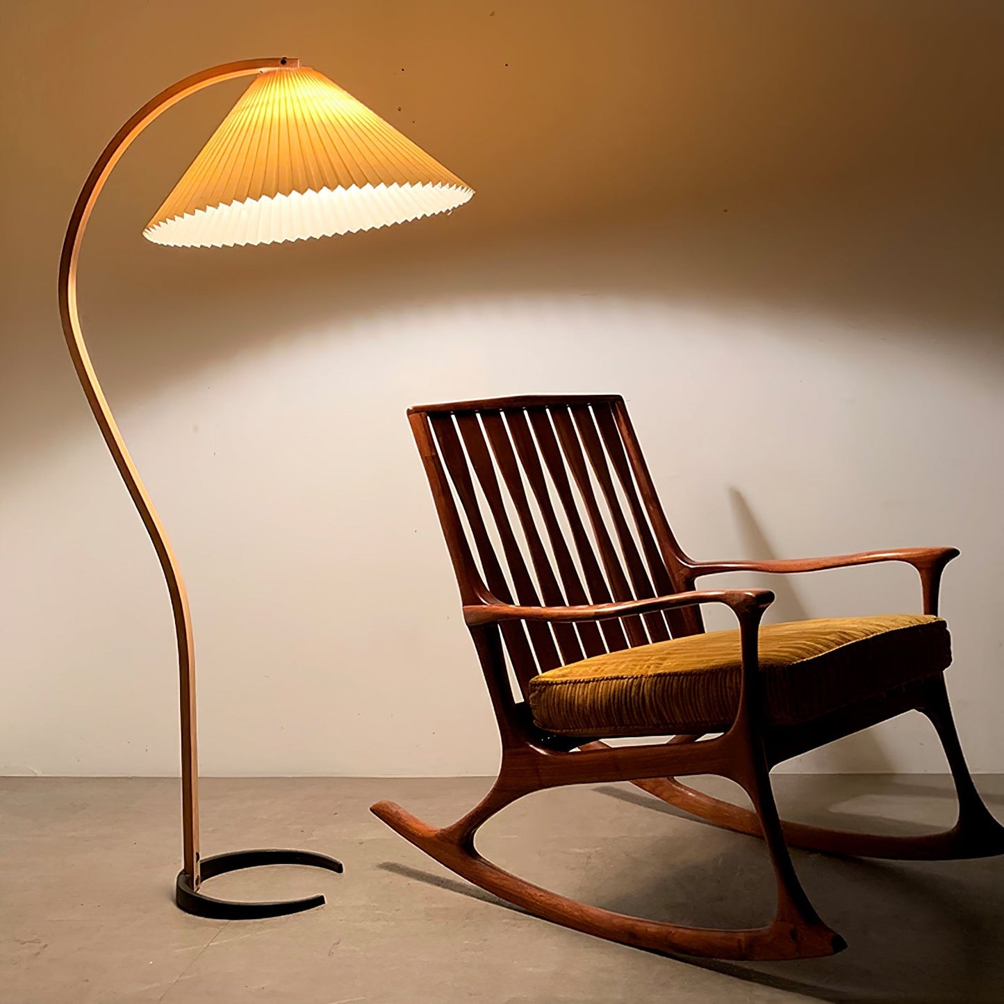 Curved Wooden Floor Lamp With Pleated Shade