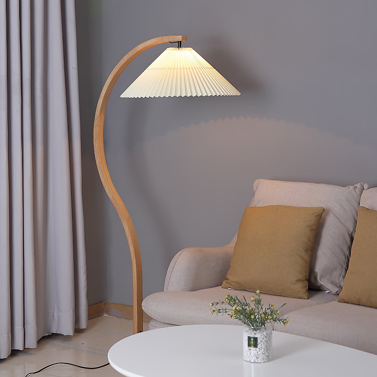 Curved Wooden Floor Lamp With Pleated Shade