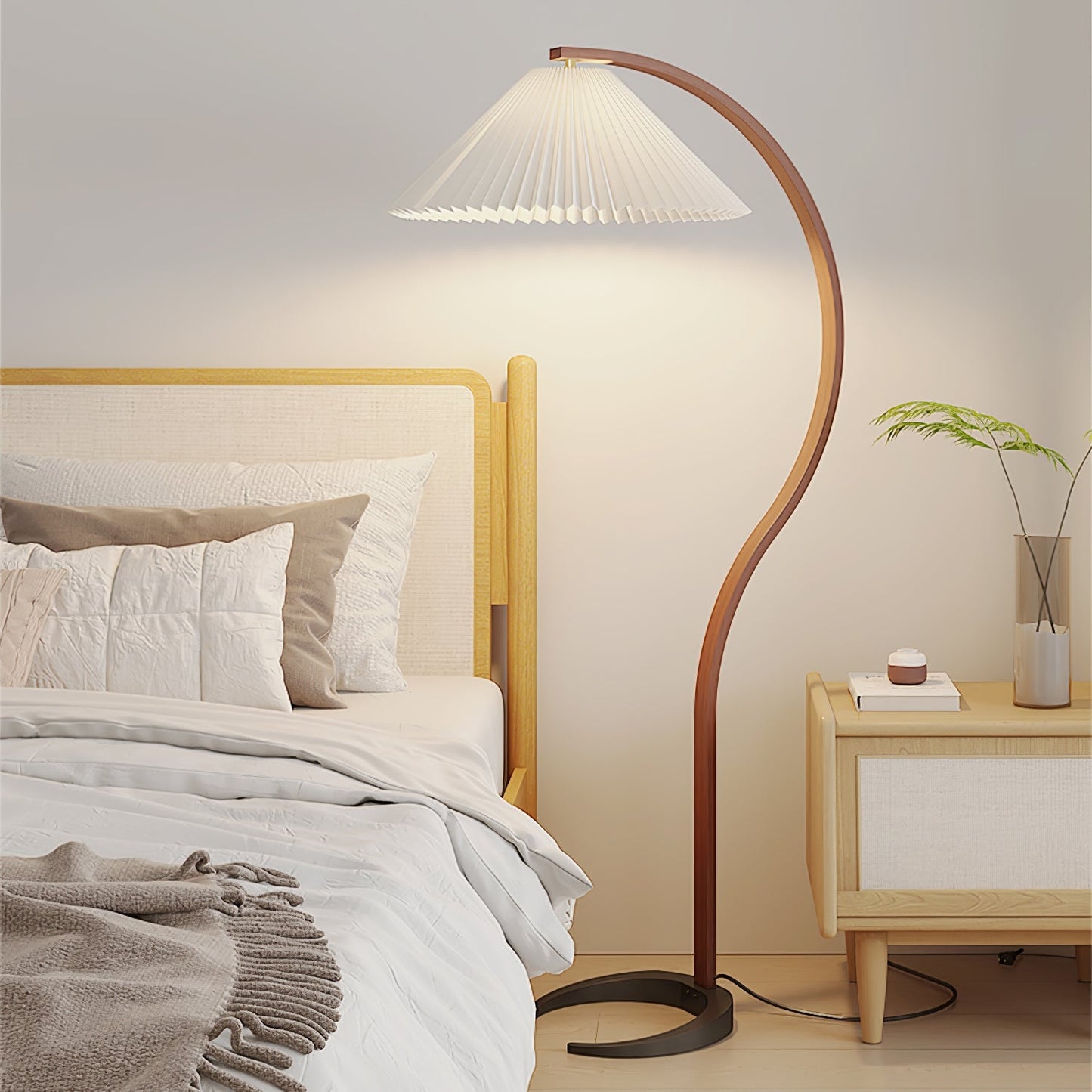Curved Wooden Floor Lamp With Pleated Shade