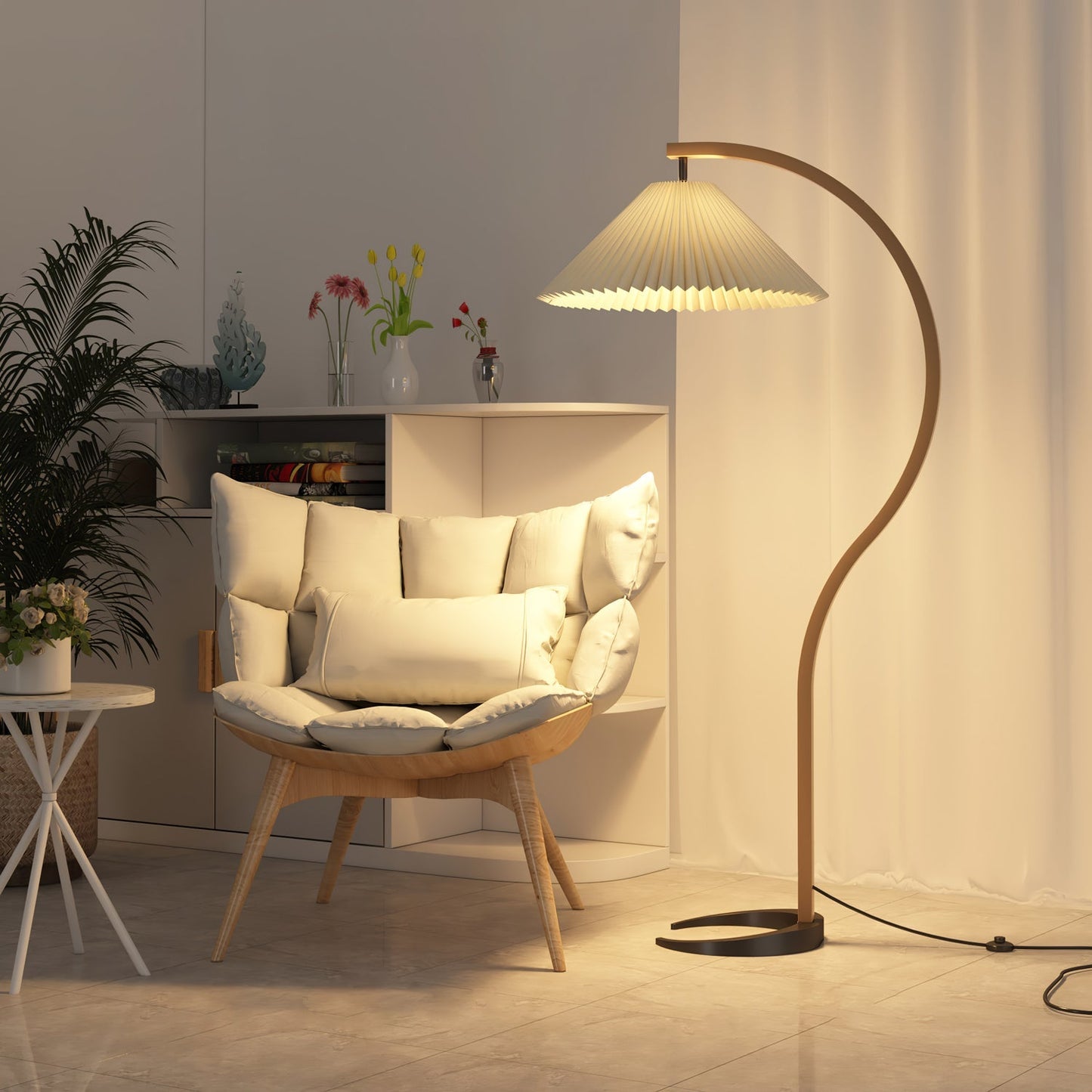 Curved Wooden Floor Lamp With Pleated Shade