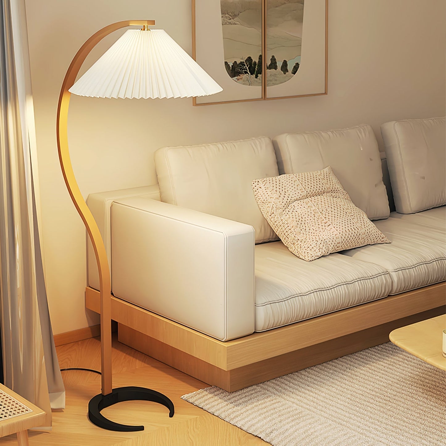 Curved Wooden Floor Lamp With Pleated Shade