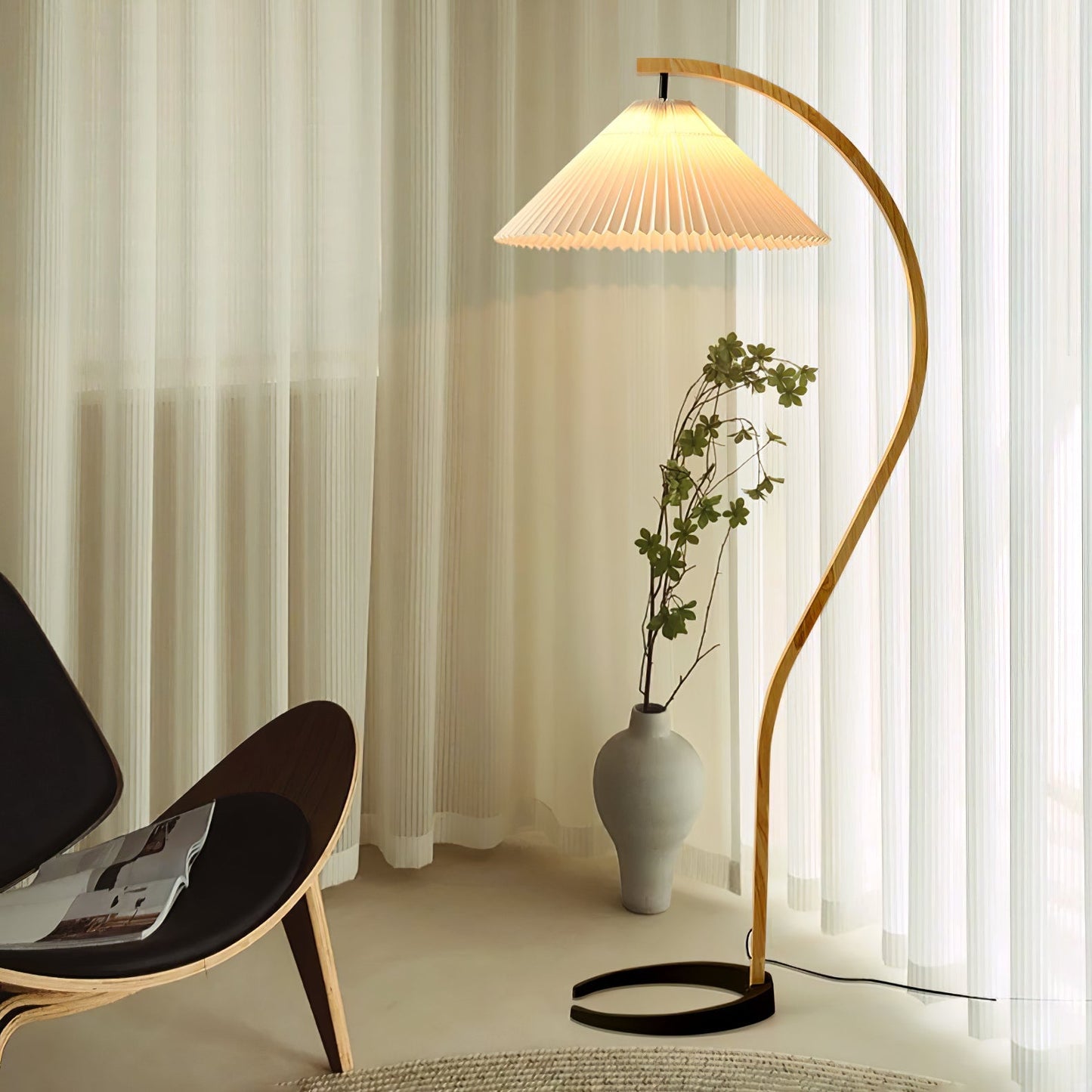 Curved Wooden Floor Lamp With Pleated Shade