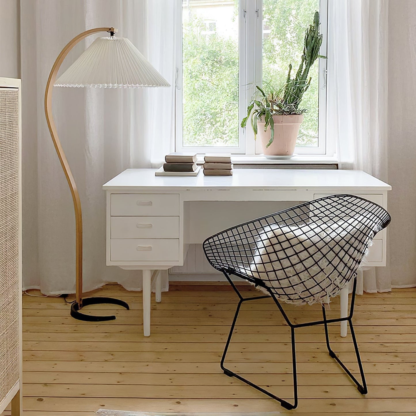 Curved Wooden Floor Lamp With Pleated Shade
