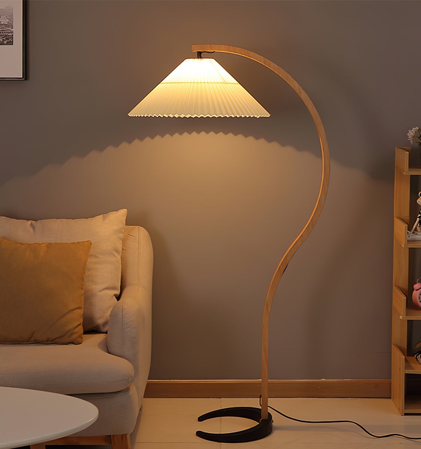 Curved Wooden Floor Lamp With Pleated Shade
