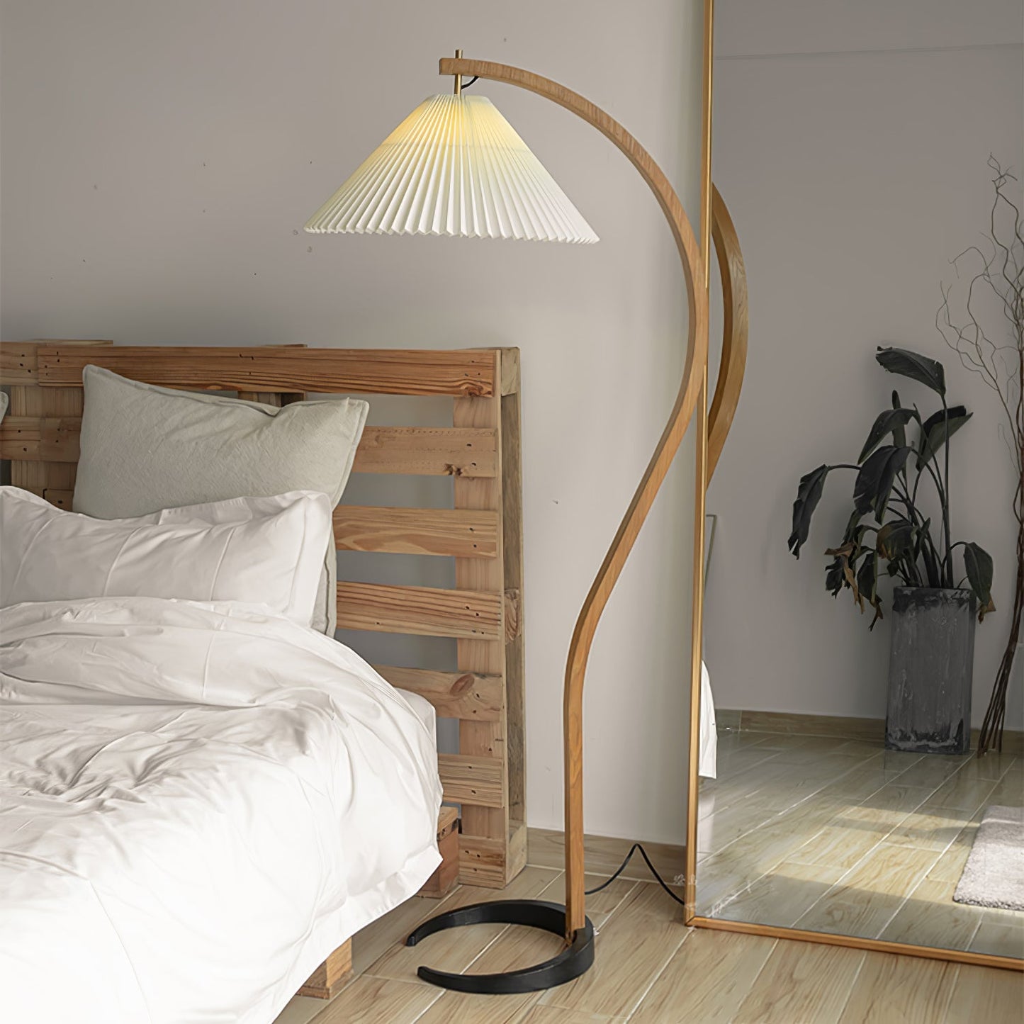 Curved Wooden Floor Lamp With Pleated Shade