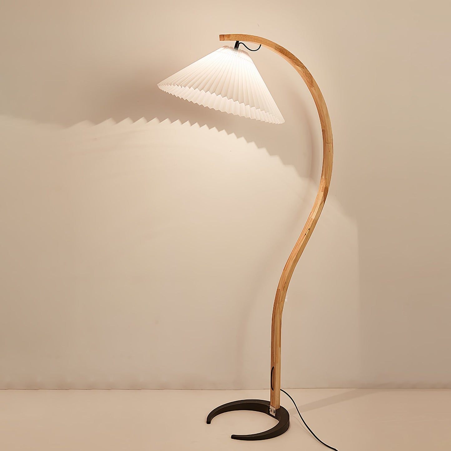 Curved Wooden Floor Lamp With Pleated Shade