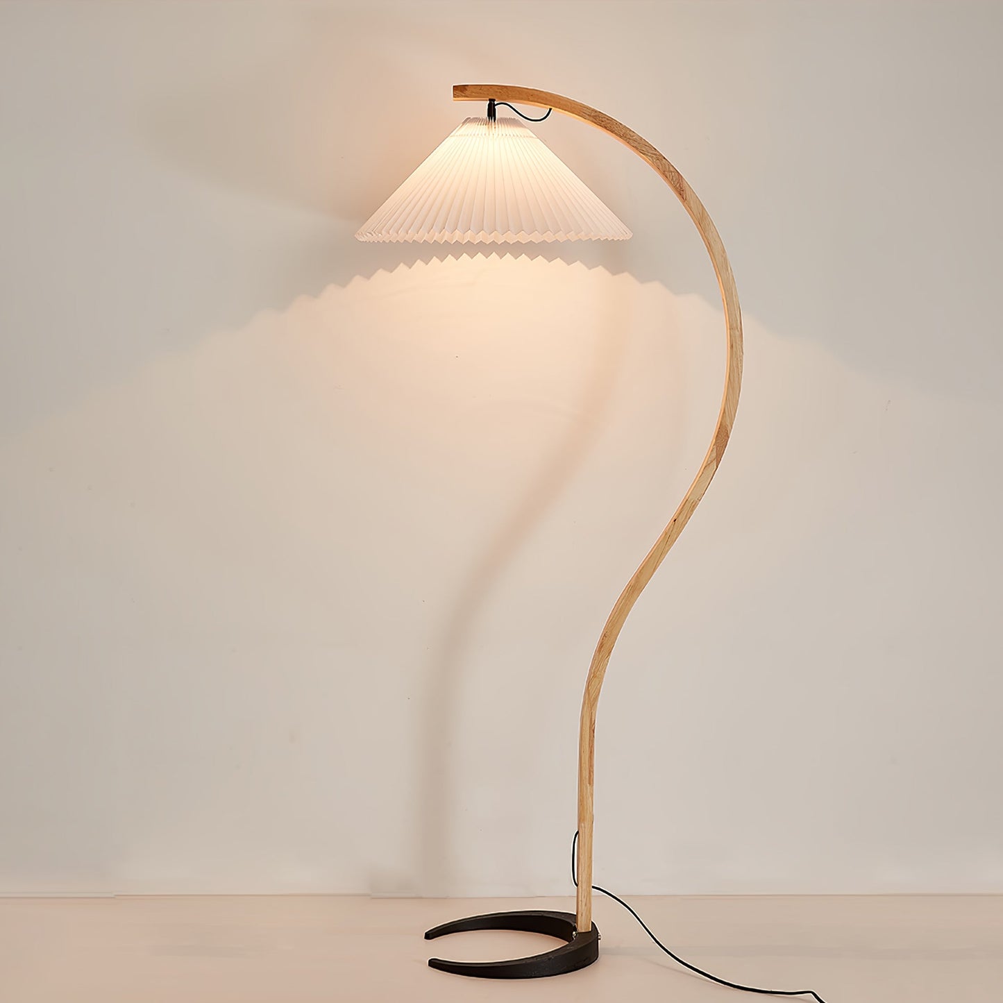 Curved Wooden Floor Lamp With Pleated Shade