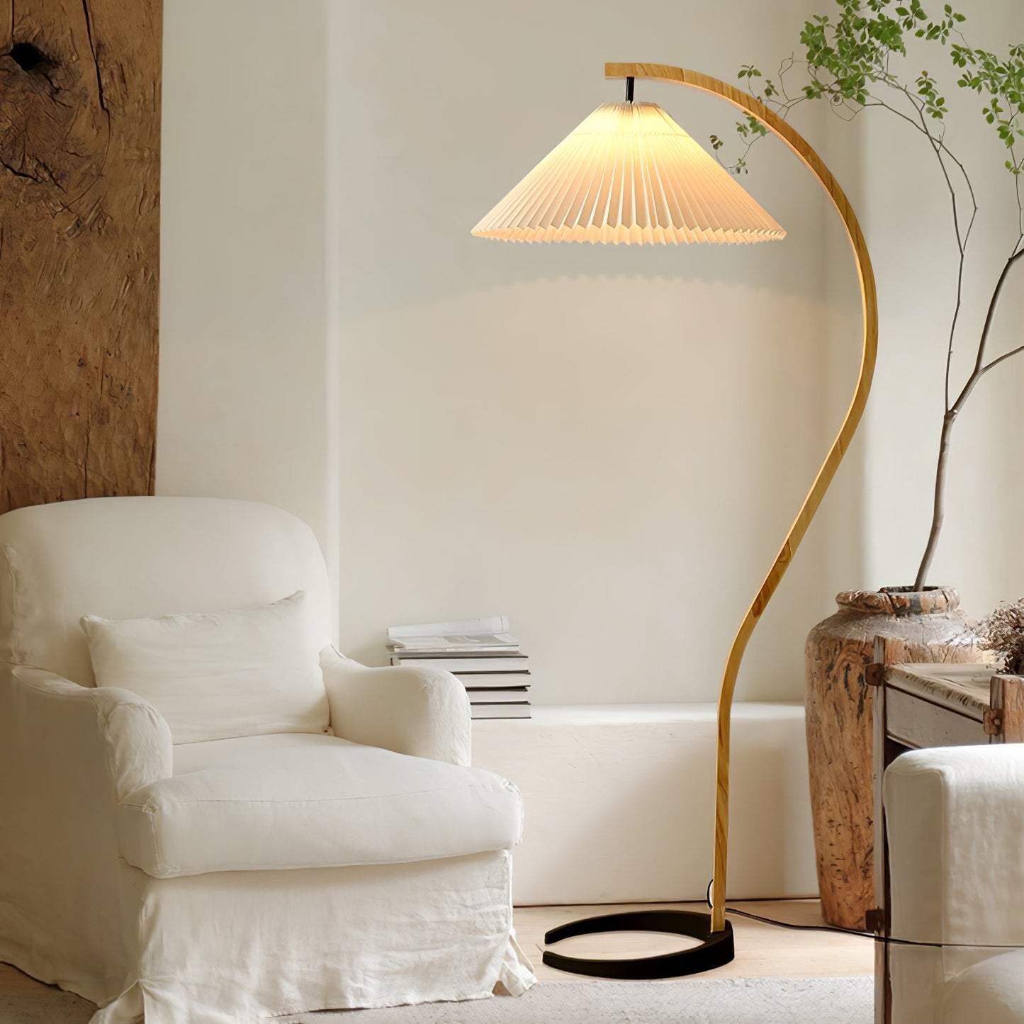 Curved Wooden Floor Lamp With Pleated Shade