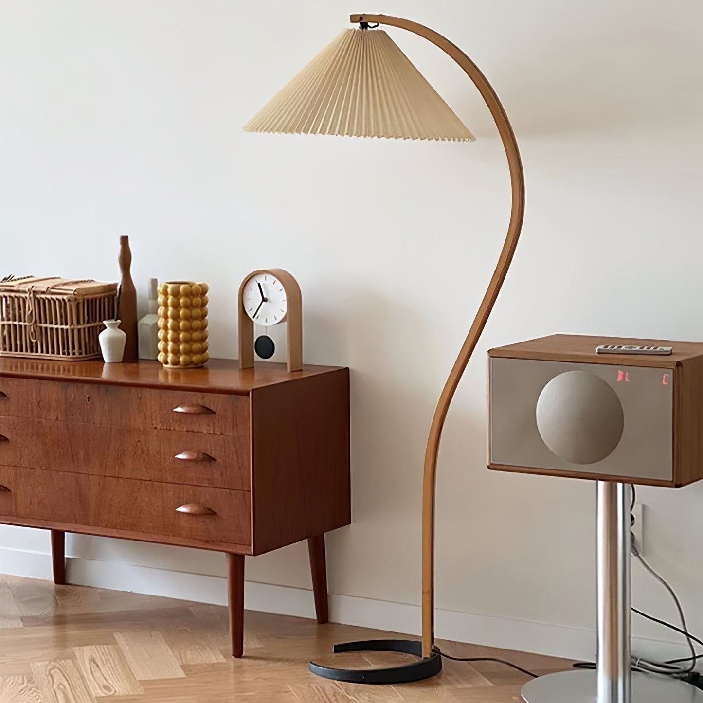 Curved Wooden Floor Lamp With Pleated Shade