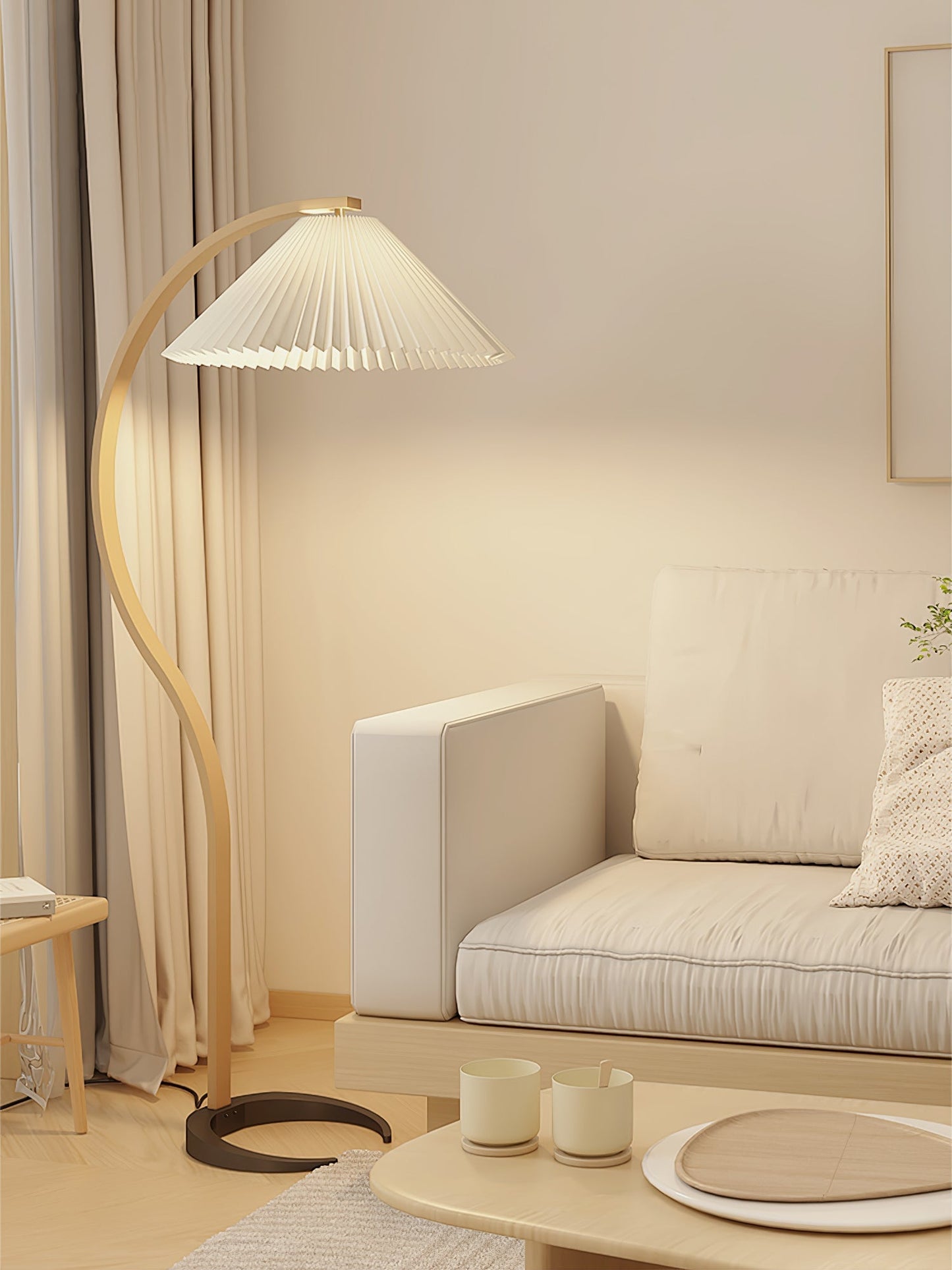 Curved Wooden Floor Lamp With Pleated Shade