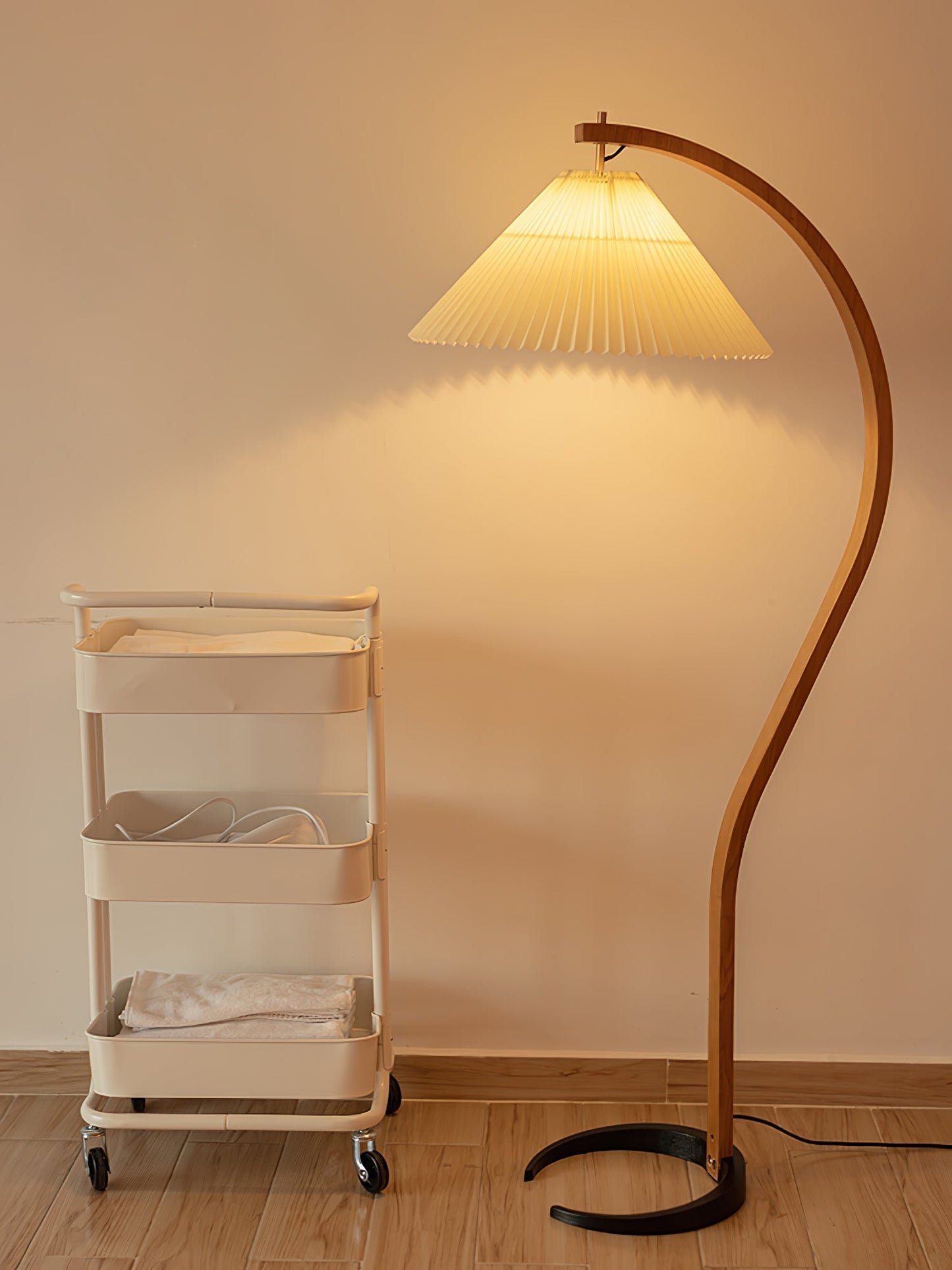 Curved Wooden Floor Lamp With Pleated Shade