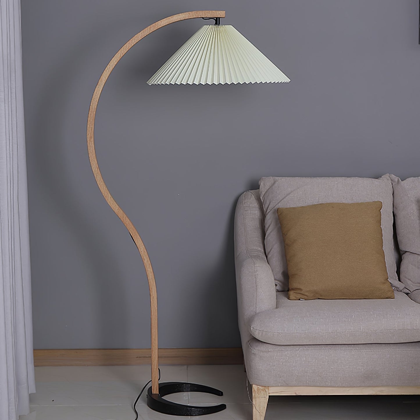 Curved Wooden Floor Lamp With Pleated Shade