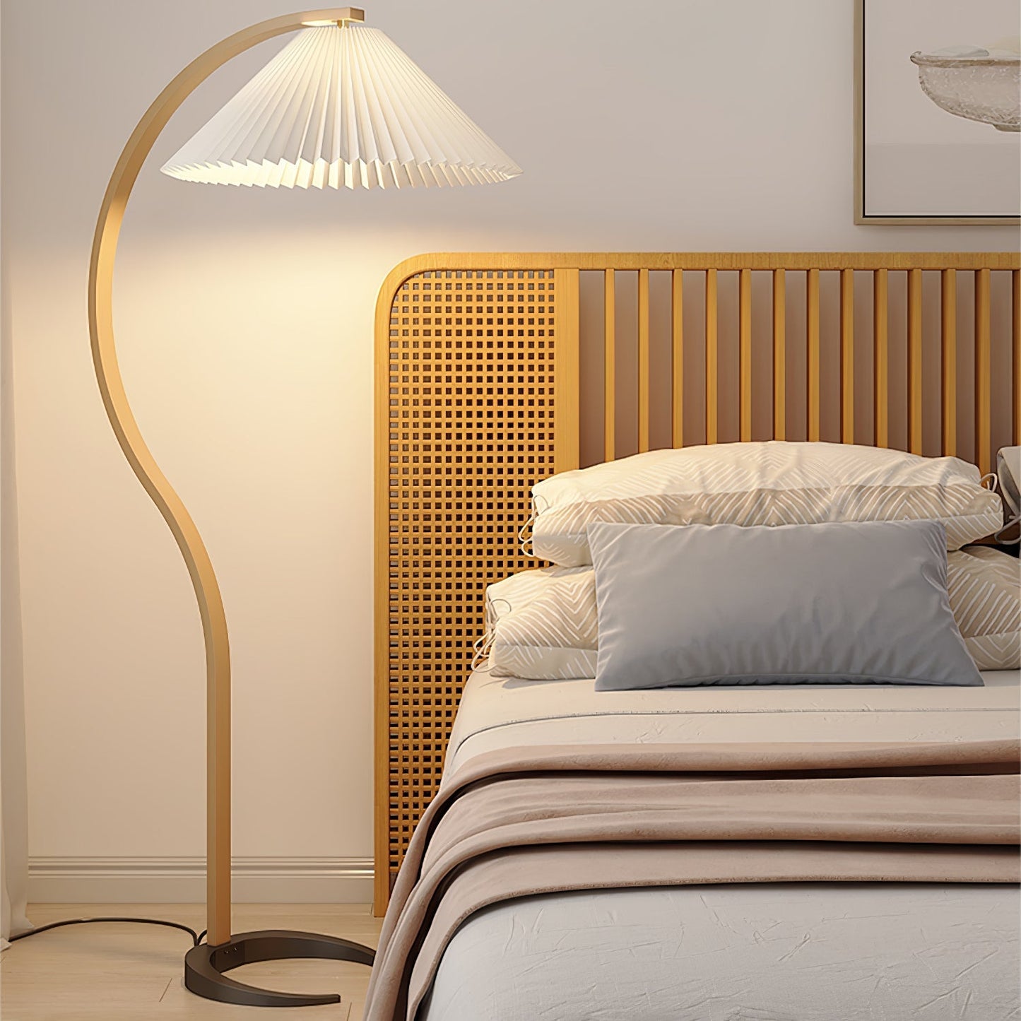 Curved Wooden Floor Lamp With Pleated Shade