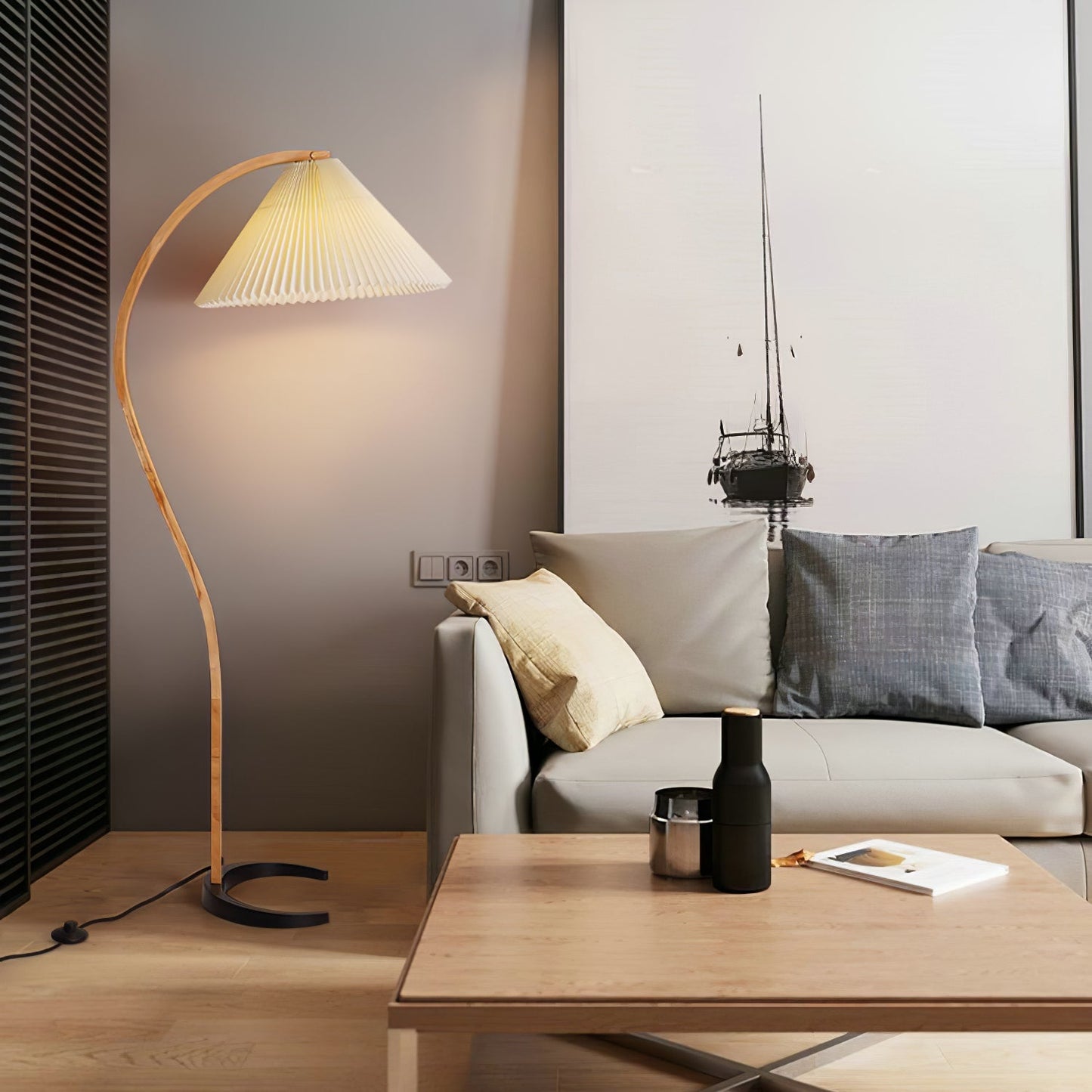 Curved Wooden Floor Lamp With Pleated Shade