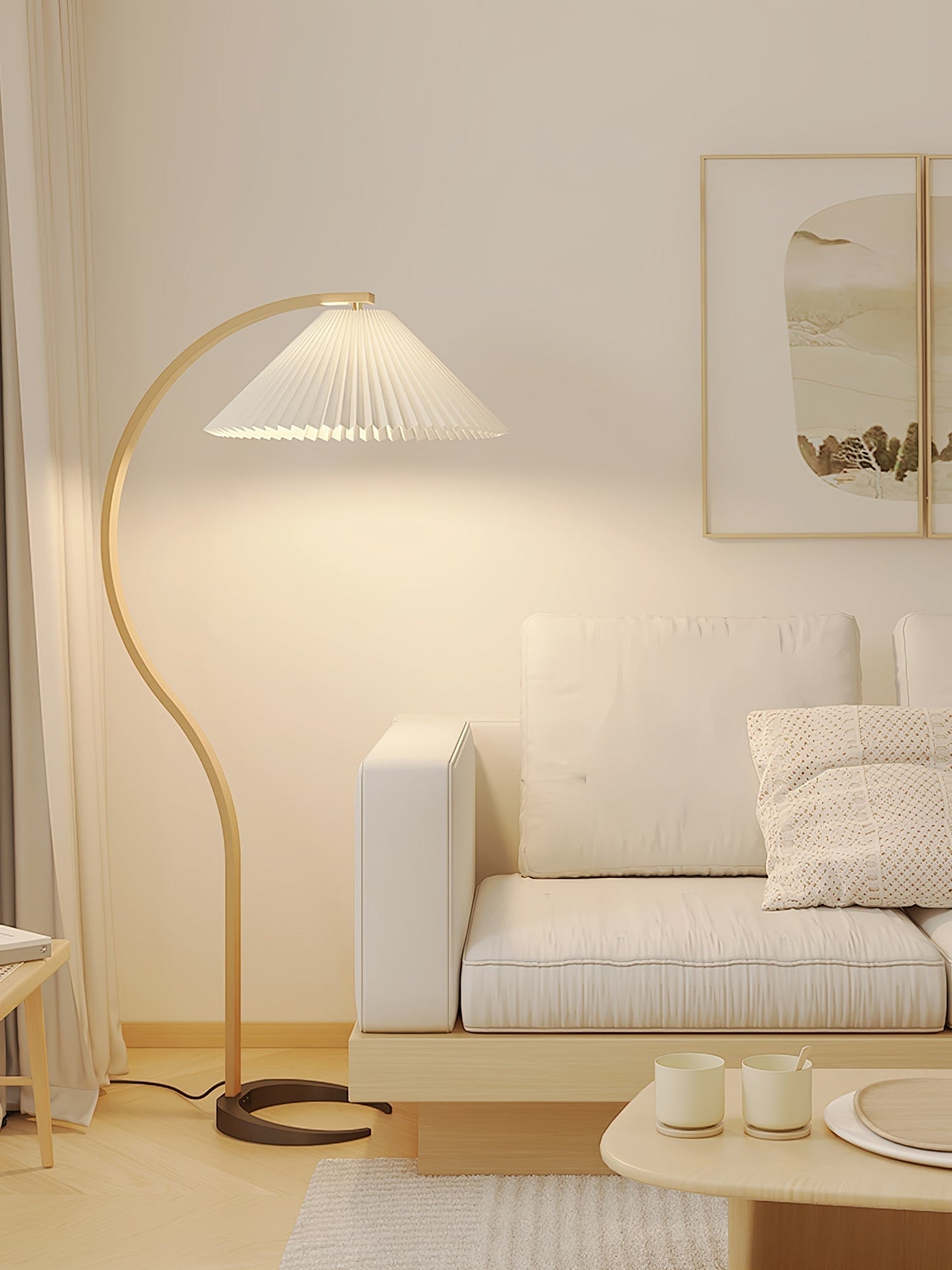 Curved Wooden Floor Lamp With Pleated Shade