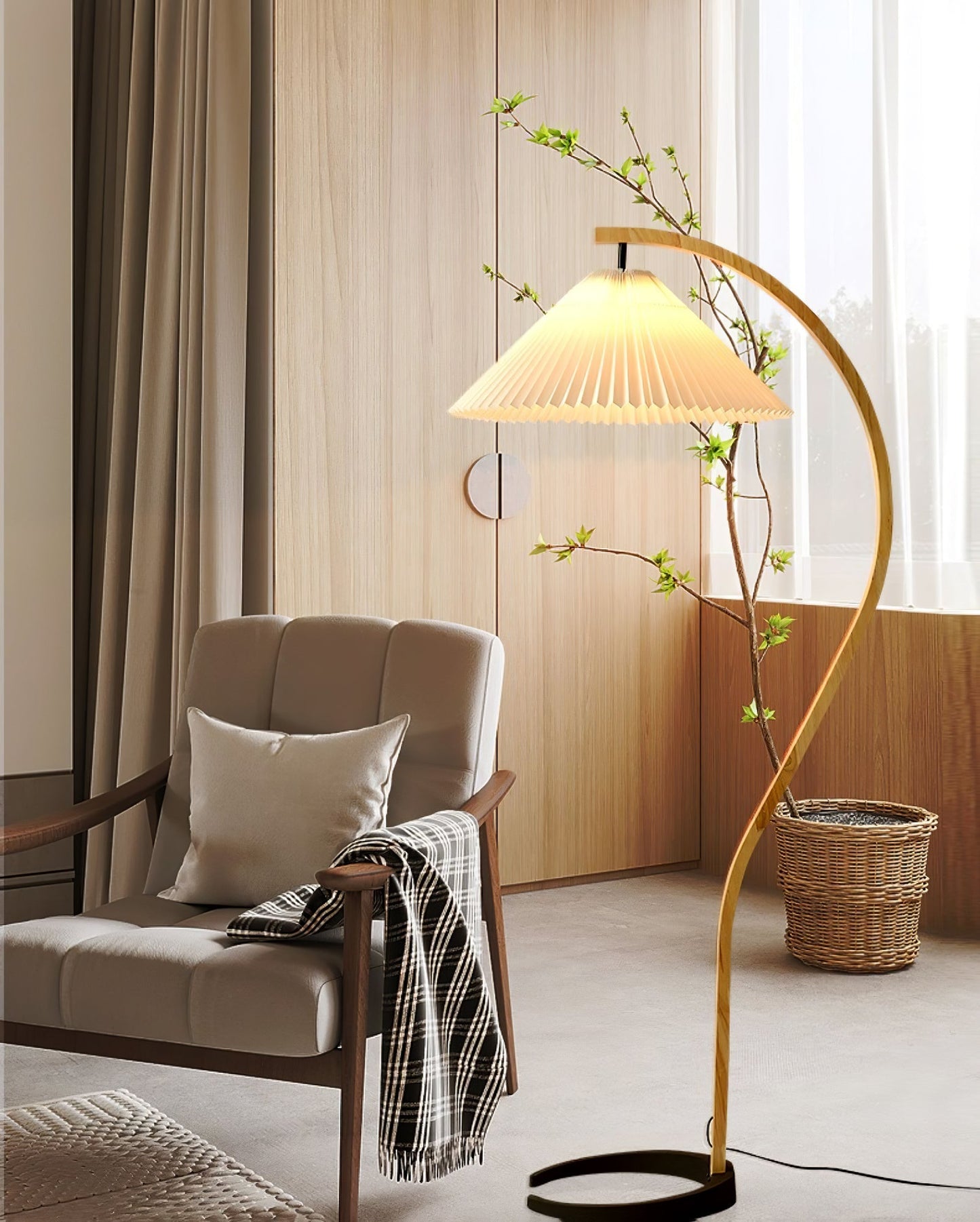 Curved Wooden Floor Lamp With Pleated Shade