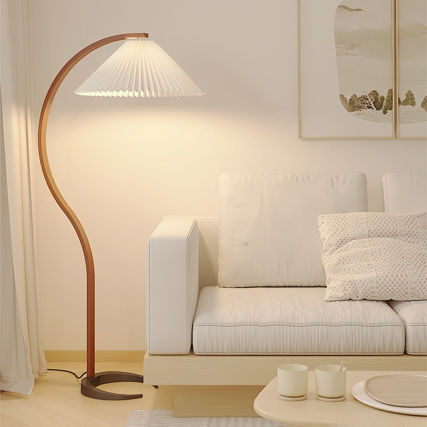 Curved Wooden Floor Lamp With Pleated Shade