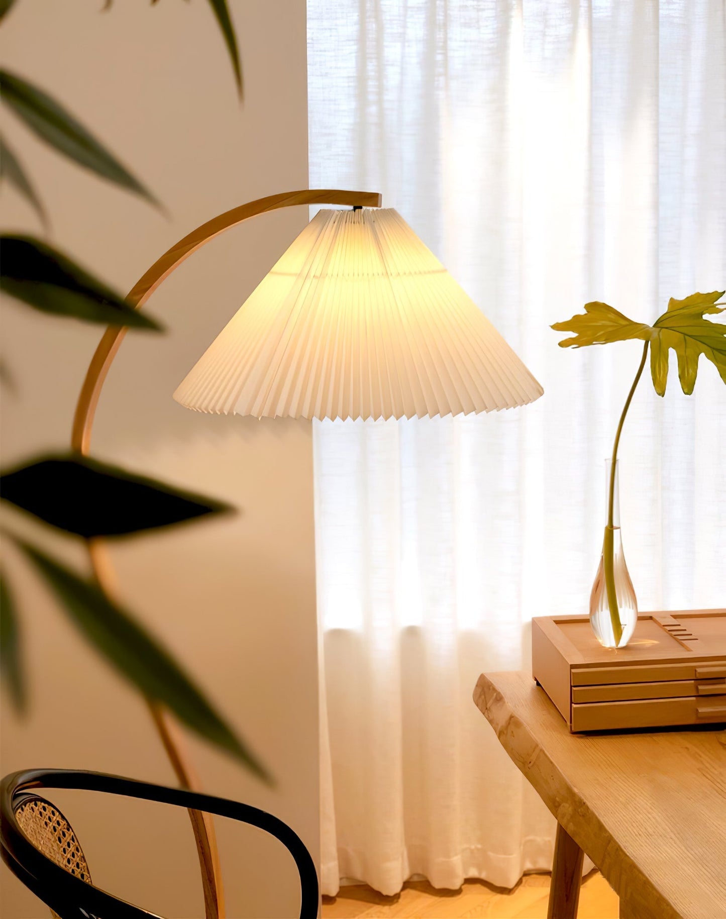 Curved Wooden Floor Lamp With Pleated Shade