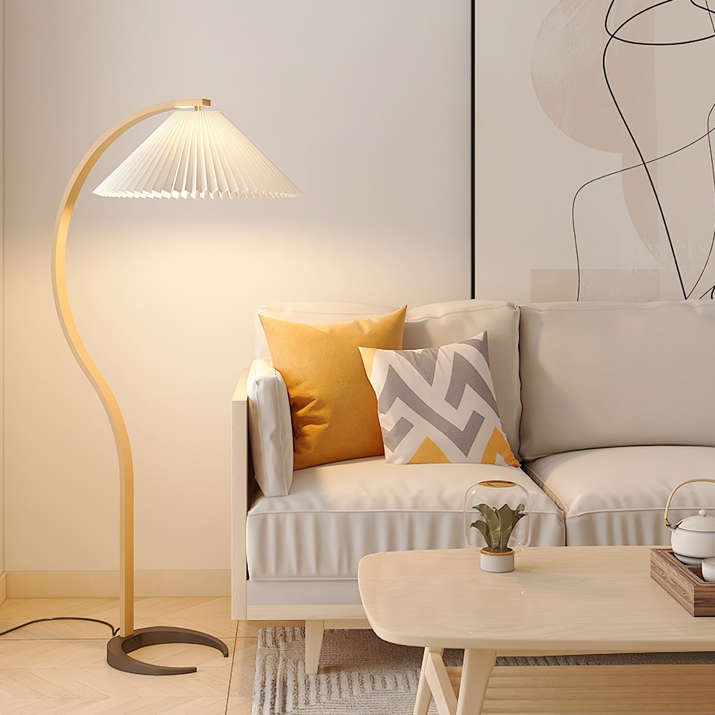Curved Wooden Floor Lamp With Pleated Shade