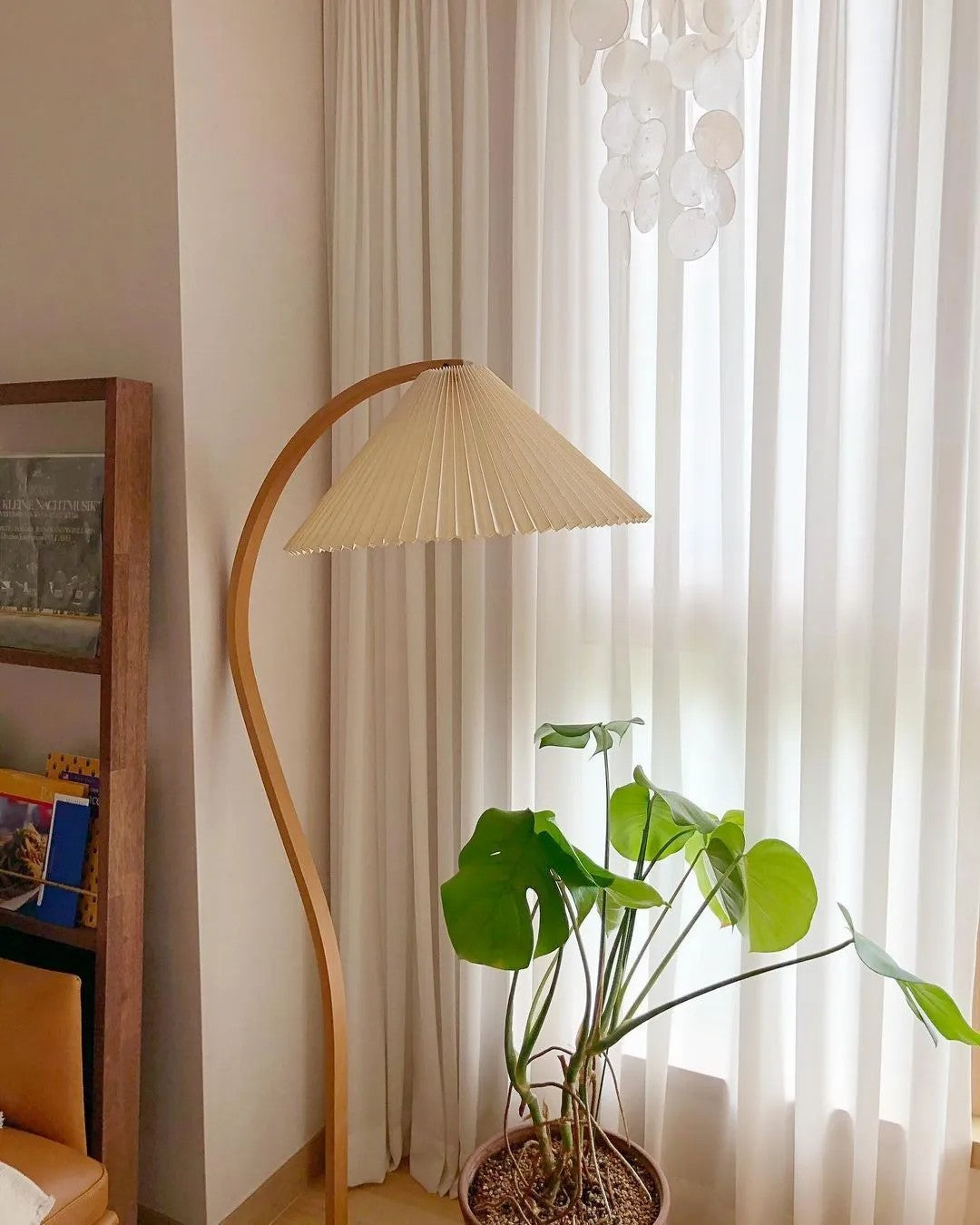 Curved Wooden Floor Lamp With Pleated Shade