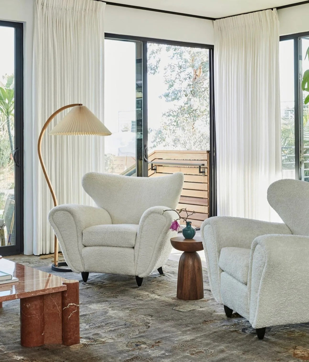 Curved Wooden Floor Lamp With Pleated Shade