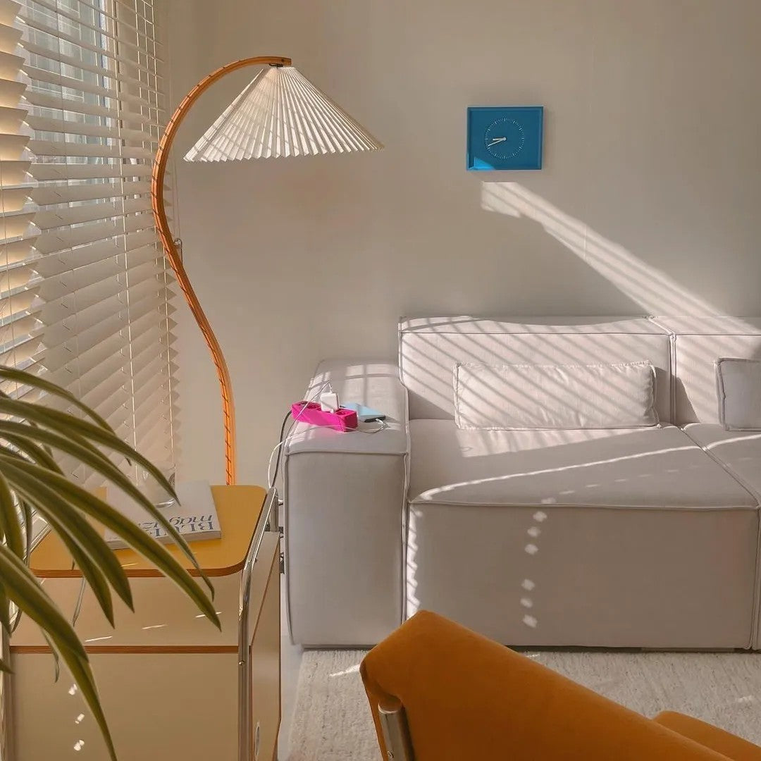 Curved Wooden Floor Lamp With Pleated Shade