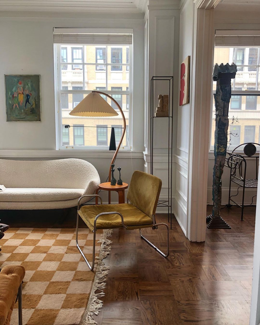 Curved Wooden Floor Lamp With Pleated Shade