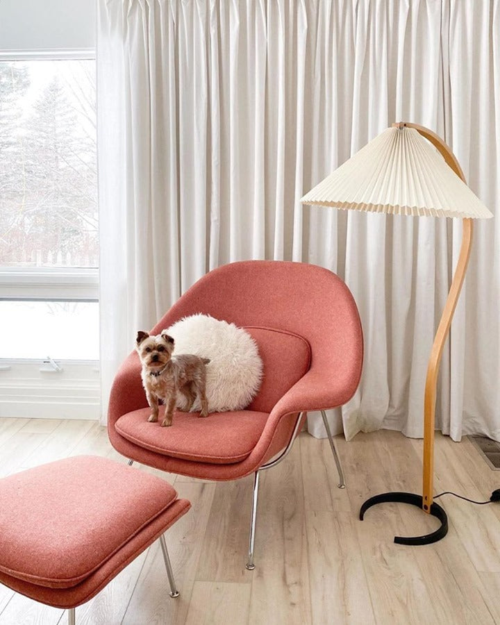 Curved Wooden Floor Lamp With Pleated Shade