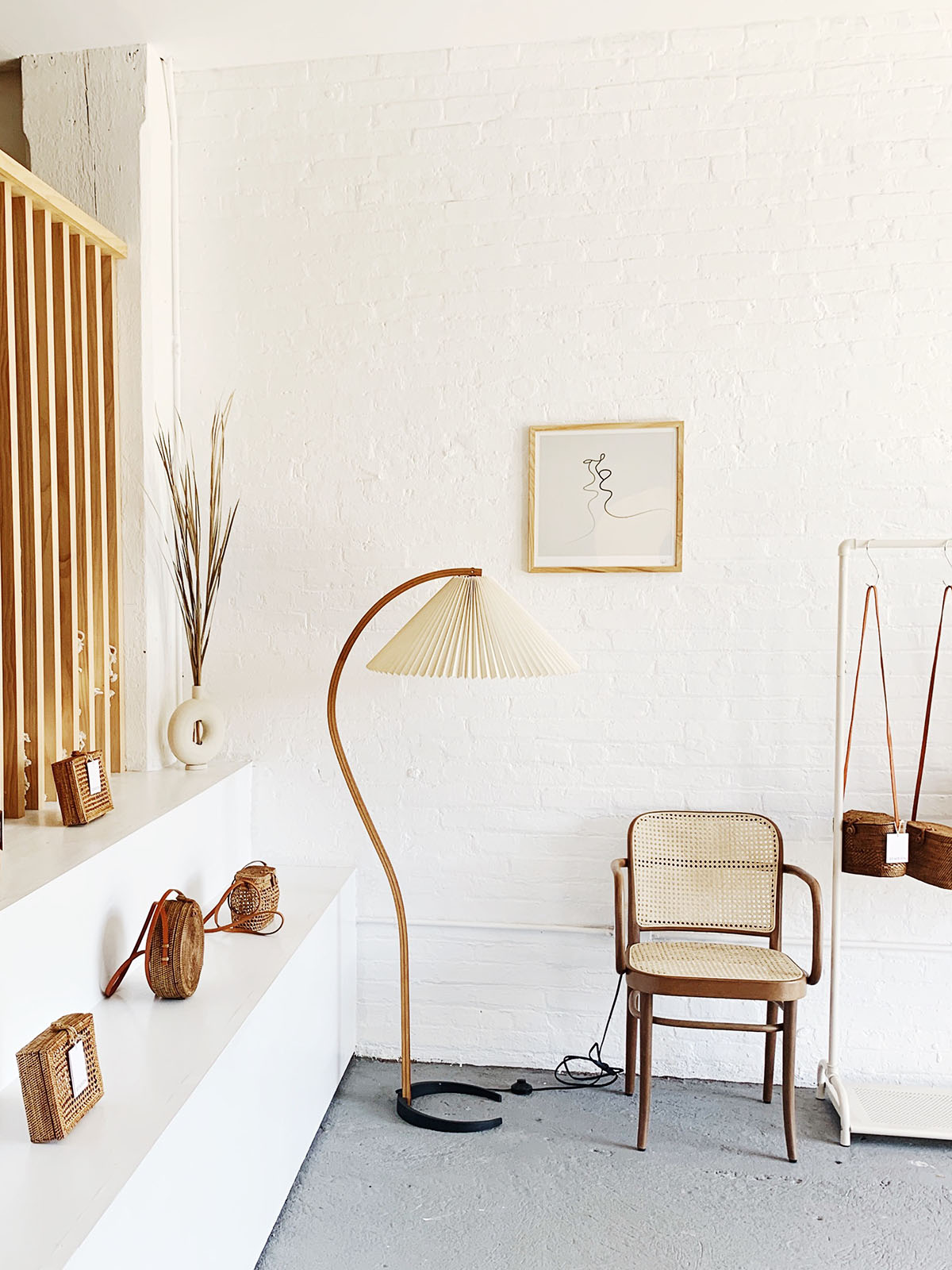 Curved Wooden Floor Lamp With Pleated Shade