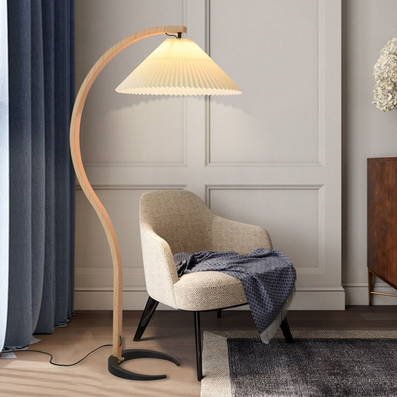 Curved Wooden Floor Lamp With Pleated Shade