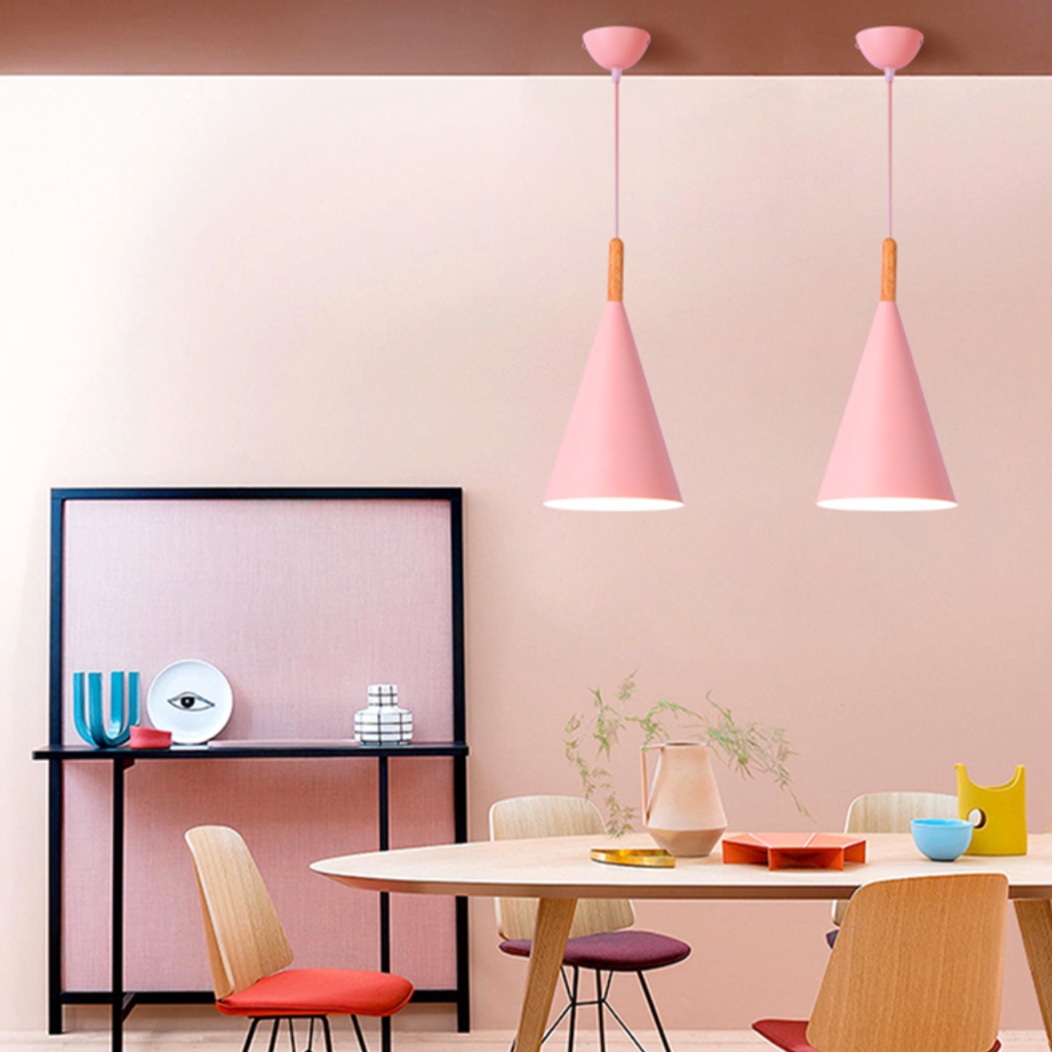Cone Metal pendant lights With Wooden Stem For Bar