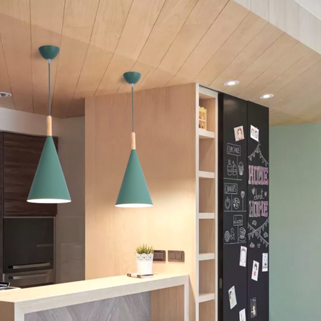 Cone Metal pendant lights With Wooden Stem For Bar