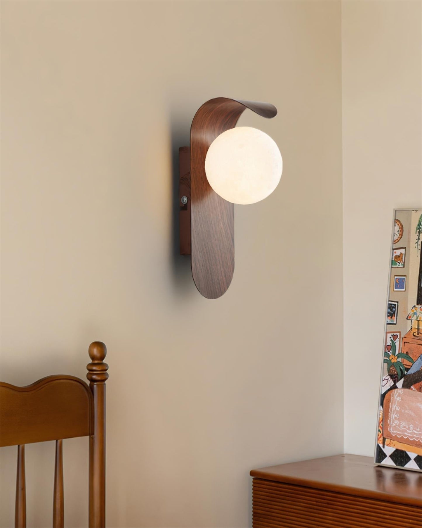 Wood Wall Light With Opal Globe Shade