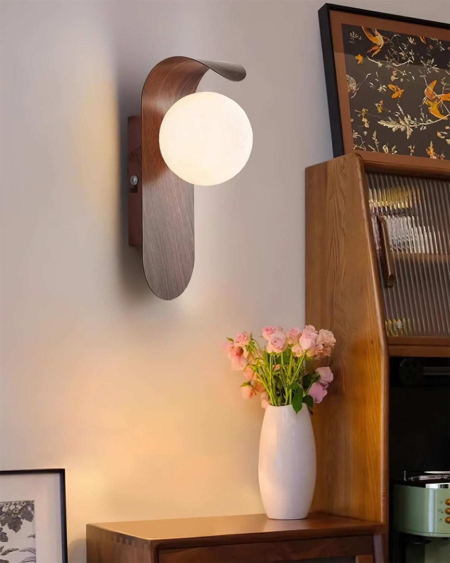 Wood Wall Light With Opal Globe Shade