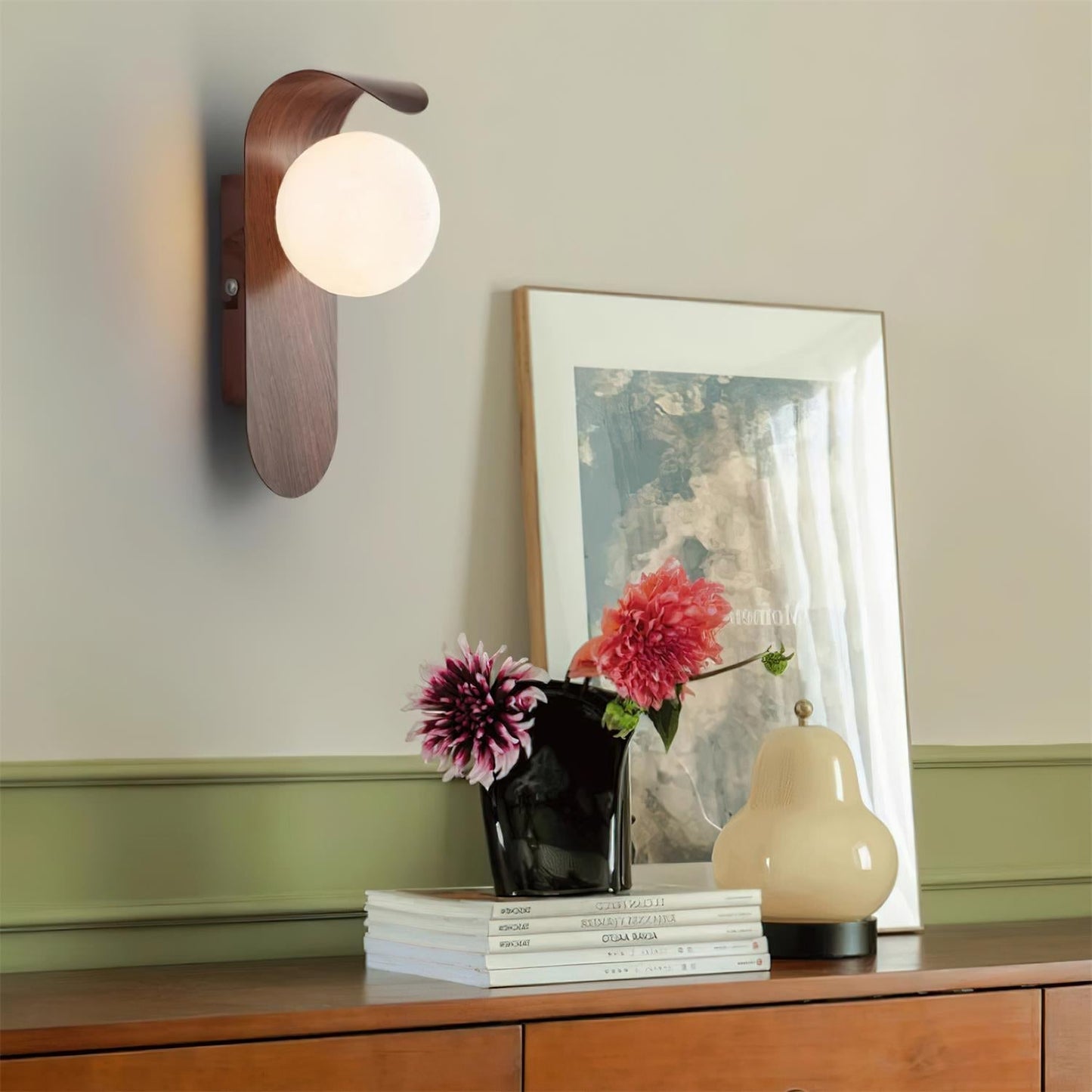 Wood Wall Light With Opal Globe Shade