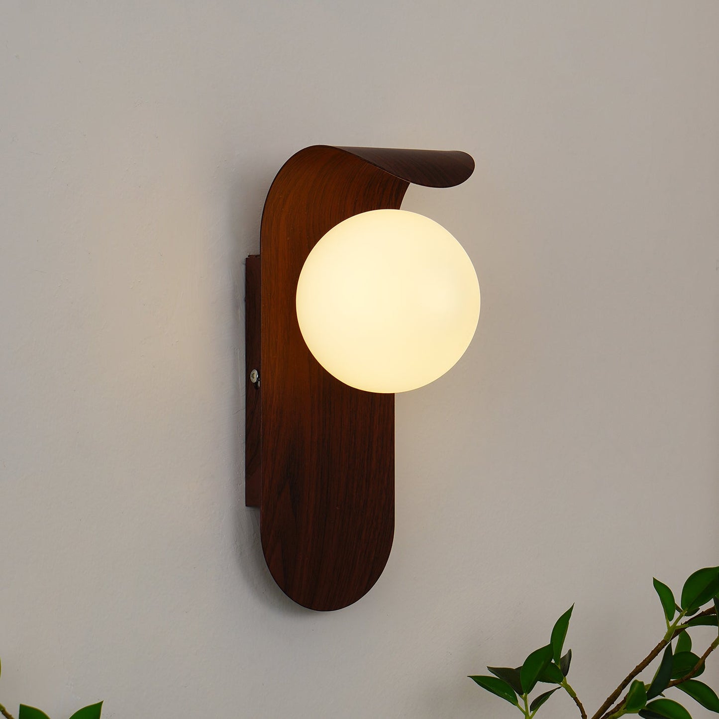 Wood Wall Light With Opal Globe Shade