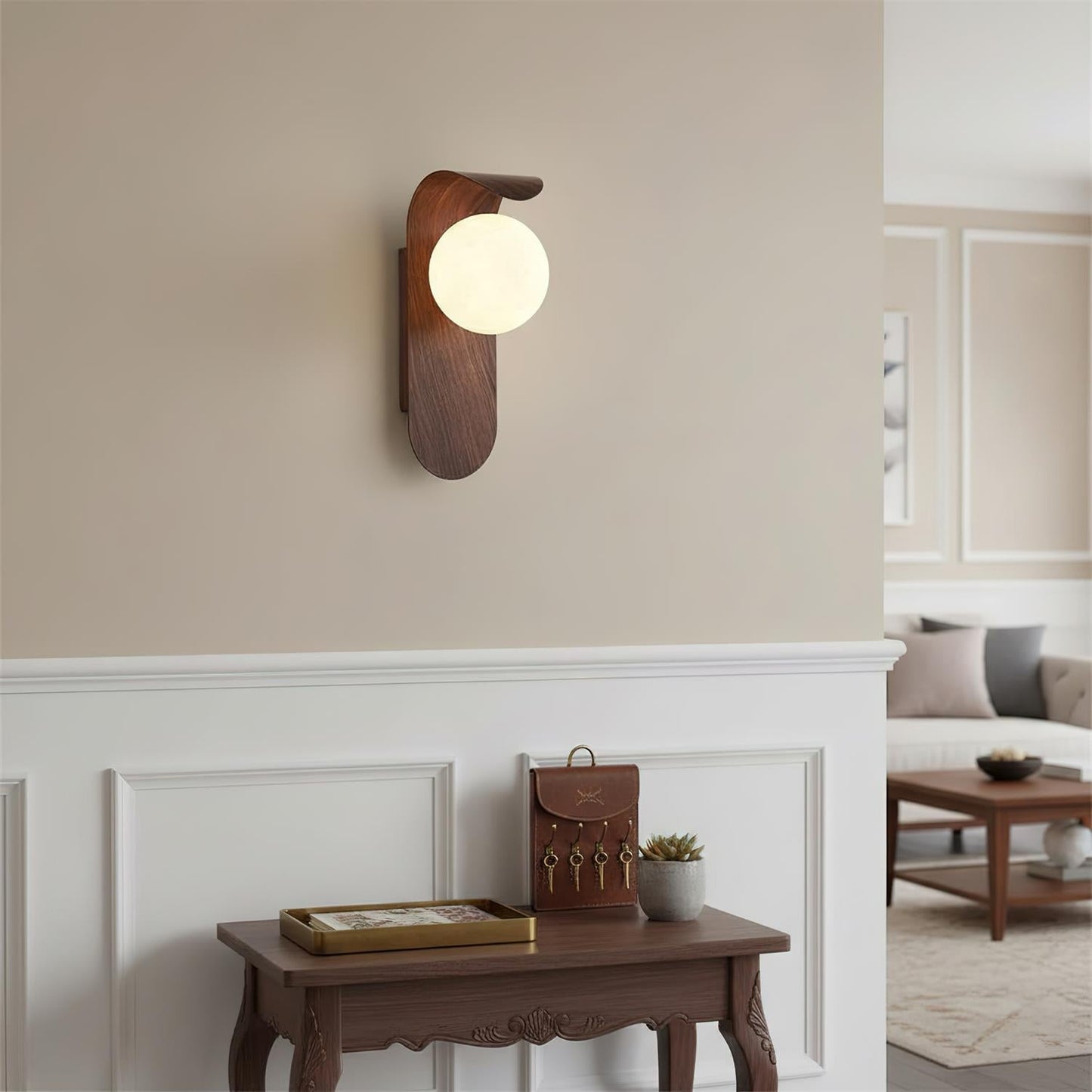 Wood Wall Light With Opal Globe Shade