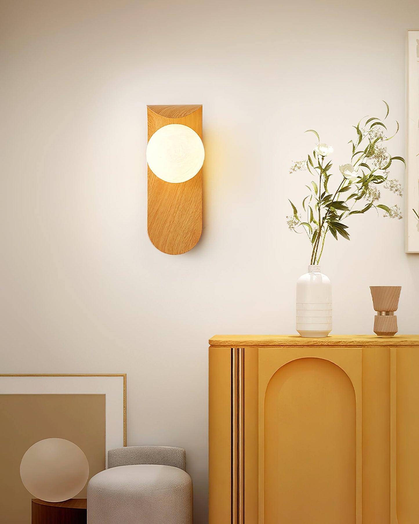 Wood Wall Light With Opal Globe Shade