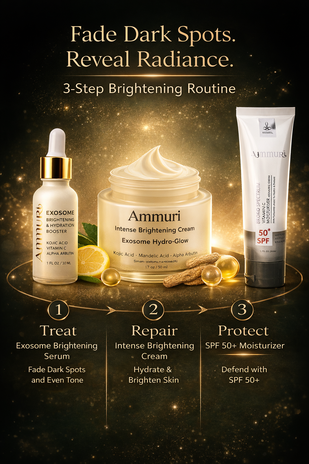 Ammuri Brightening Set – Kojic Acid Serum, Exosome Cream & SPF 50 | Dark Spot Care