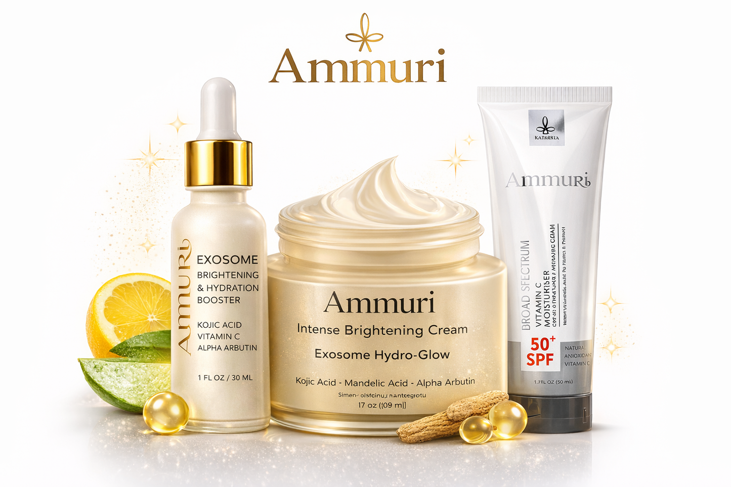 Ammuri Brightening Set – Kojic Acid Serum, Exosome Cream & SPF 50 | Dark Spot Care