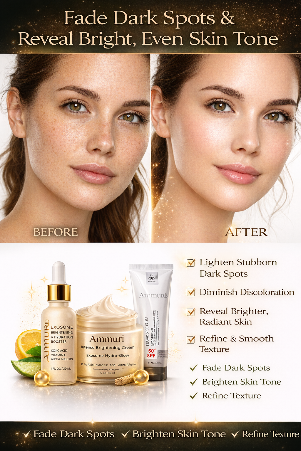 Ammuri Brightening Set – Kojic Acid Serum, Exosome Cream & SPF 50 | Dark Spot Care