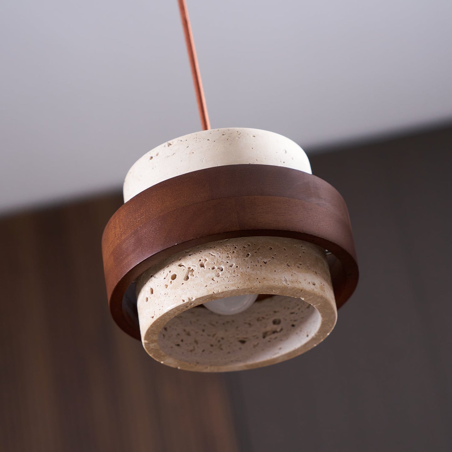 Travertine And Wood Drum Pendant Lights With Downlight