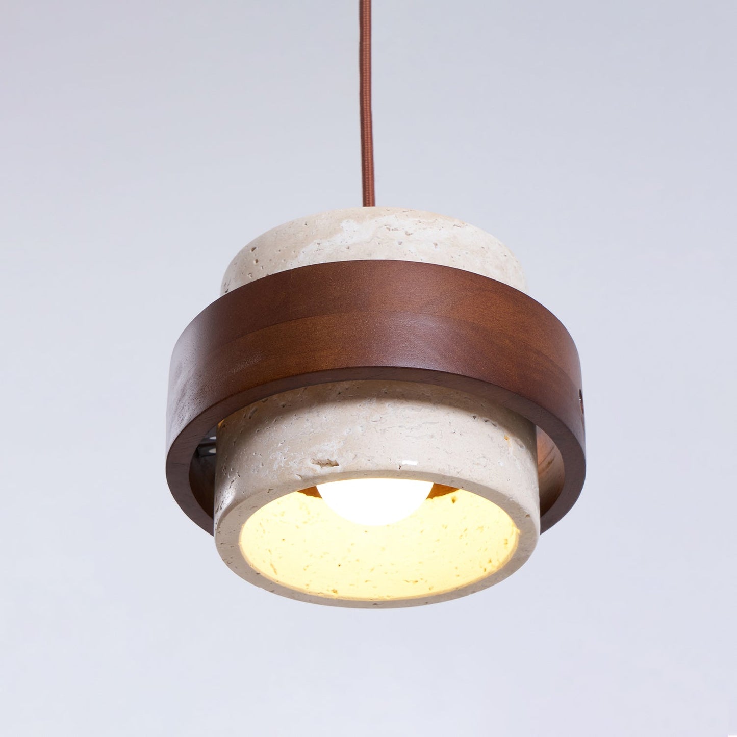 Travertine And Wood Drum Pendant Lights With Downlight