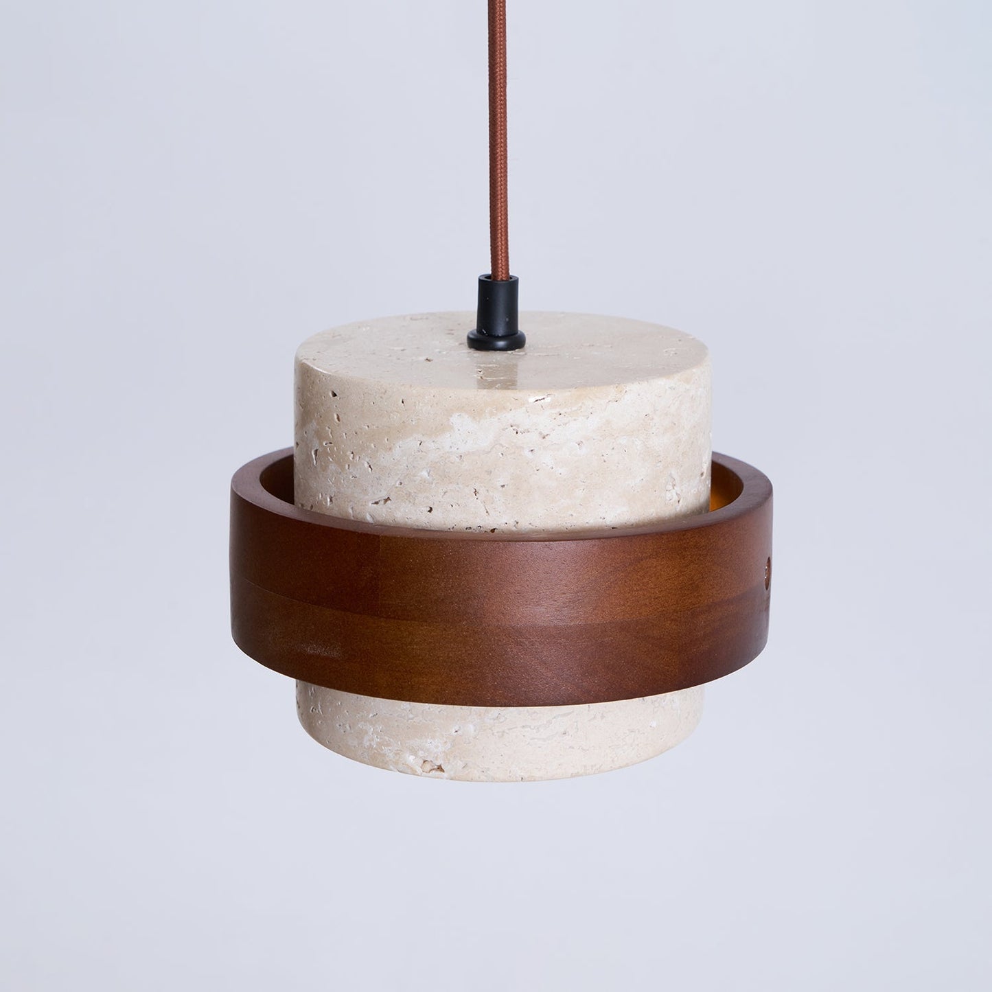Travertine And Wood Drum Pendant Lights With Downlight