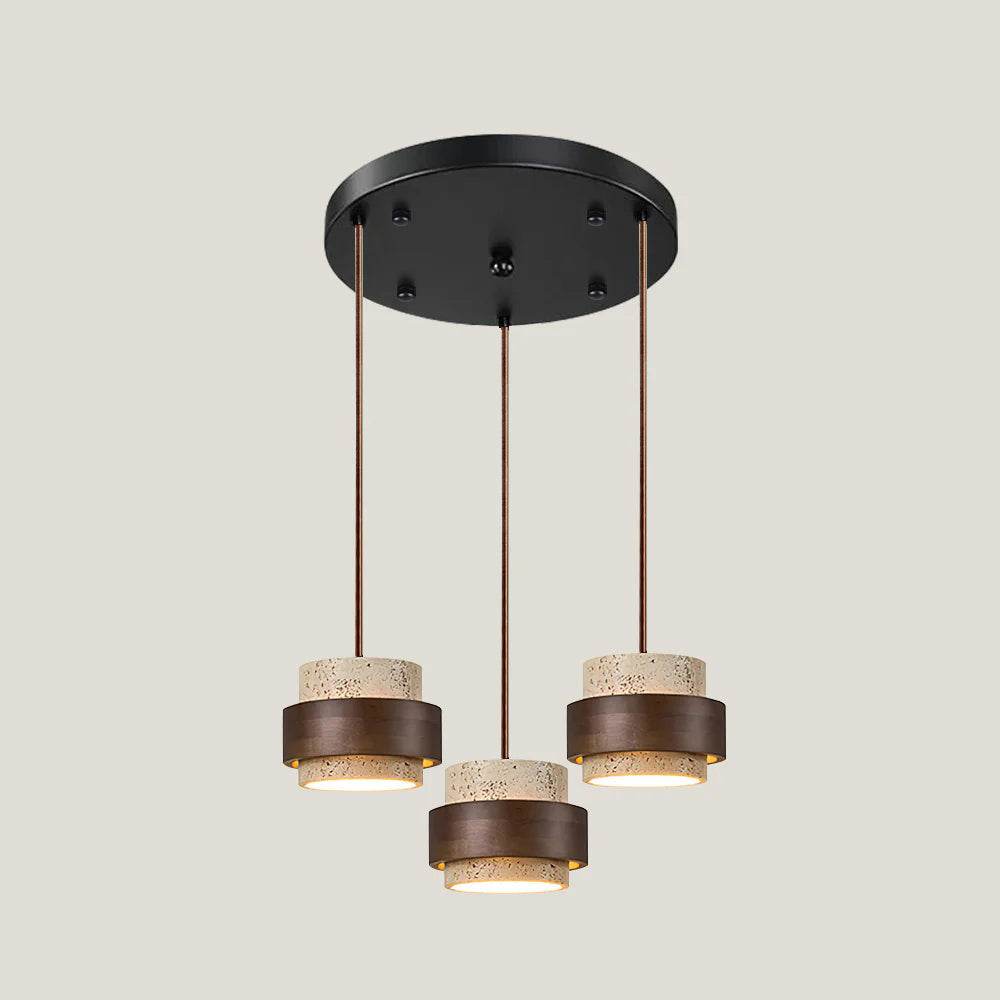Travertine And Wood Drum Pendant Lights With Downlight