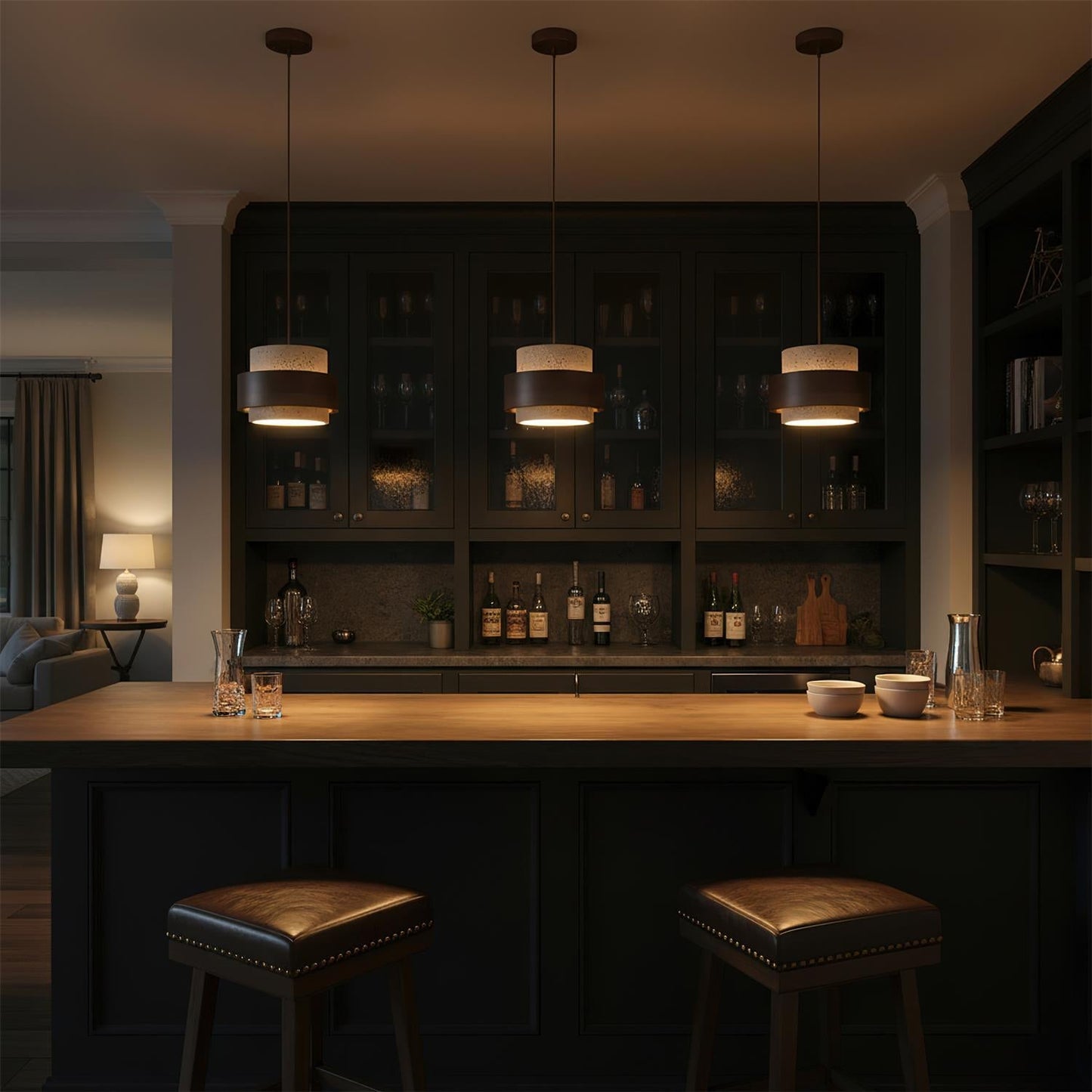 Travertine And Wood Drum Pendant Lights With Downlight