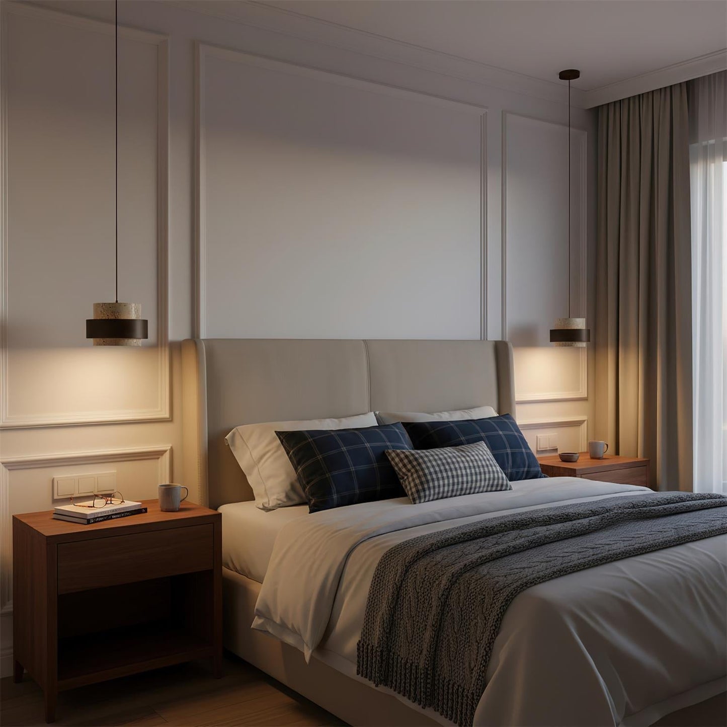 Travertine And Wood Drum Pendant Lights With Downlight