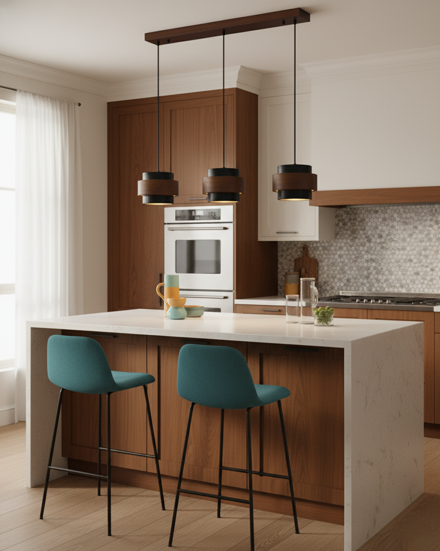 Travertine And Wood Drum Pendant Lights With Downlight
