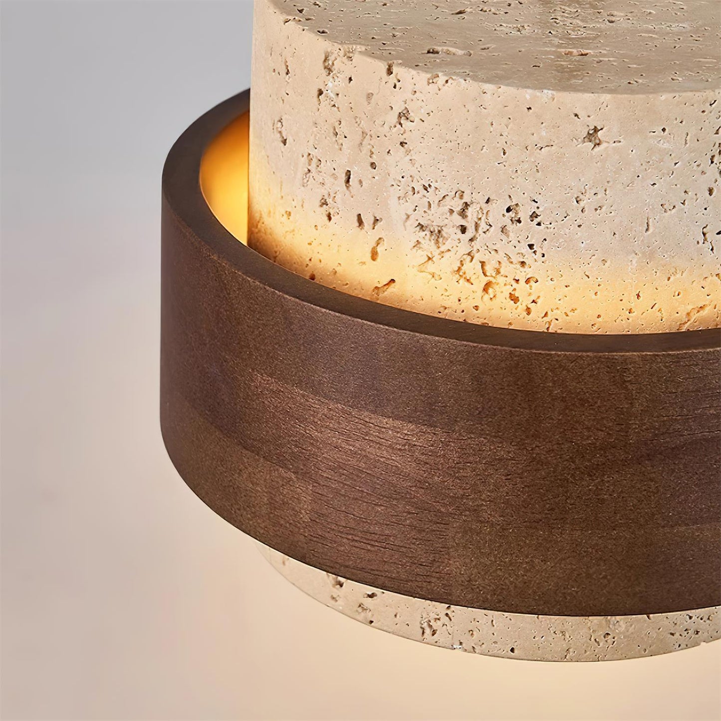 Travertine And Wood Drum Pendant Lights With Downlight