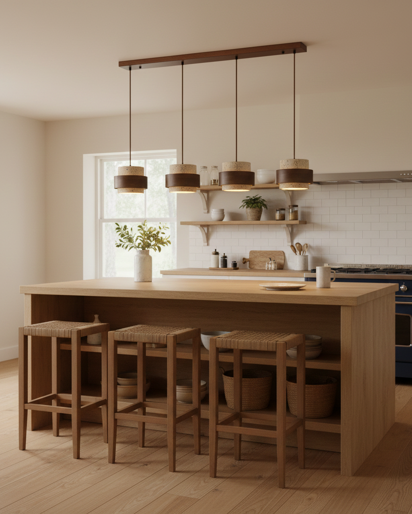 Travertine And Wood Drum Pendant Lights With Downlight
